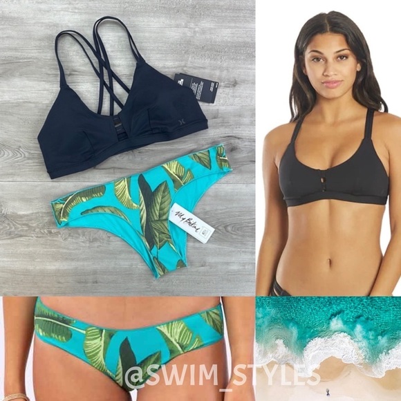 ☀️HURLEY☀️BLACK SPORT TOP COCO BEACH CHEEKY HIP BIKINI SET - Picture 1 of 14
